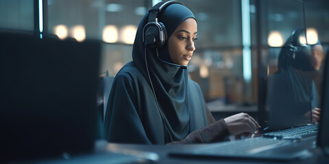 Arabian or Muslim woman working as a call center operator or customer service agent wearing microphone headsets using computer in an office.