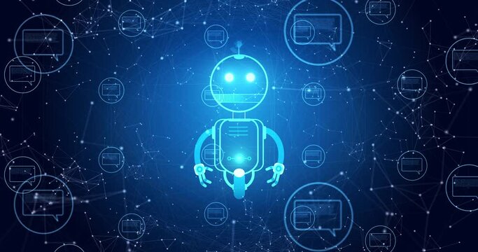 Animation of ai robot icon and digital interface on blue background