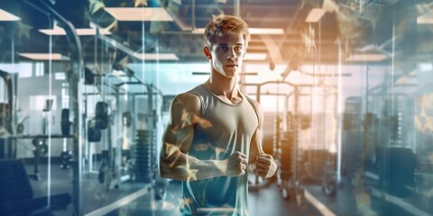 Fototapeta na wymiar Handsome young man in sportswear holding hands in fist and posing at gym.