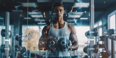 Fototapeta na wymiar Attractive handsome muscular young sporty man holding weights at gym. Fitness guy working out at health club.