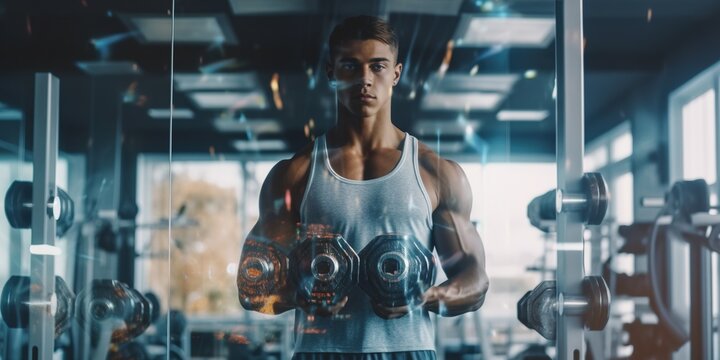 Attractive handsome muscular young sporty man holding weights at gym. Fitness guy working out at health club.