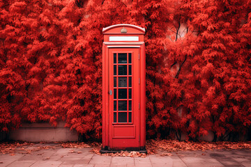 A red telephone booth in front of autumn trees with red leaves. Generative AI - obrazy, fototapety, plakaty