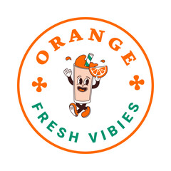 Sticker of character orange juice or smoothie in cartoon style. Isolated vector label of groovy fruit drink mascots in retro style on transparent background for logo, emblem and your design