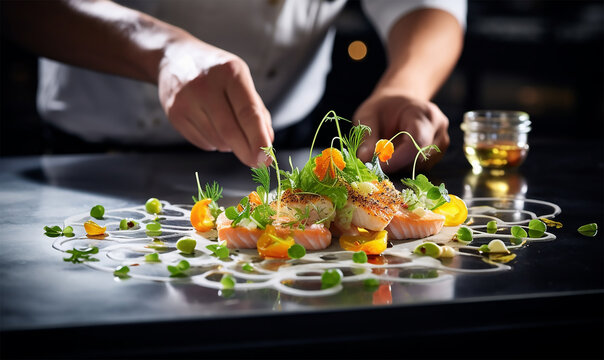 A closeup of a gourmet dish in the final stages of preparation