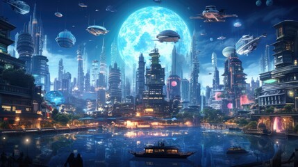 This image portrays a futuristic cityscape at night, filled with towering skyscrapers, glowing lights, digital innovation, and a bridge over a reflective river. Stars and the moon accent the dark sky.