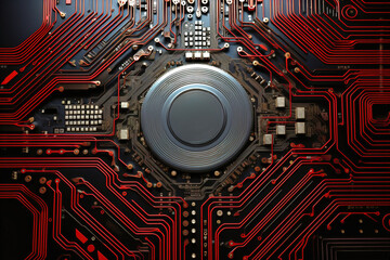 A powerful computer processor or chip on a motherboard. Modern technologies. Red background.