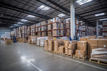 A huge warehouse filled with neatly stacked boxes. Interior of a modern warehouse. Large space for storing and moving goods. logistics. Trade in the modern world.