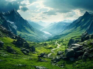 Fototapeta premium Beautiful Mountain Valley with River and Snow