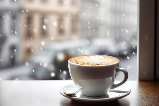 cup of coffee with christmas city background, ai tools generated image