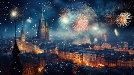 Fototapeta na wymiar Beautiful colorful fireworks in the city 