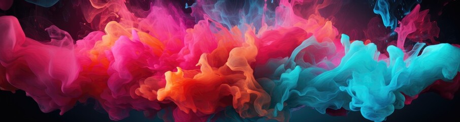 An artistic explosion of colorful smoke creates a vibrant display. Different colors like blue, red, and purple blend, forming a cosmic pattern. The splash of colored liquids gives a fantasy effect.