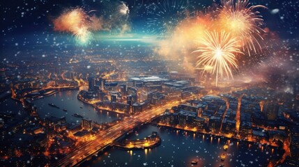 Obraz na płótnie Canvas Beautiful colorful fireworks in the city 