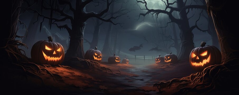 A spooky scary forest with a pumpkin, bat, moon on a scary halloween night. Generative ai