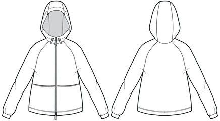Sports Hoodie jacket design flat sketch Illustration drawing, Wind breaker Hooded jacket with front and back view, winter jacket for Men and women. for hiker, outerwear and workout in winter