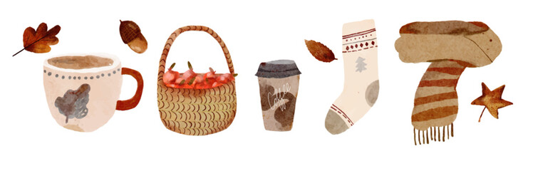 Watercolor Autumn illustrations, hand drawn, vector . Halloween. Fall leaves, acorns, basket with apples, scarf, book ,sock, coffee. Collection of autumn illustrations isolated on white