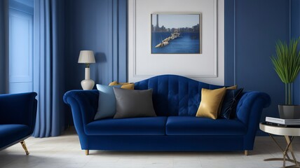 Interior of living room with blue sofa 3d rendering