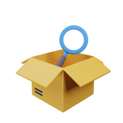 3d Illustration of shipment icon in 3d render style box opened with magnifying icon