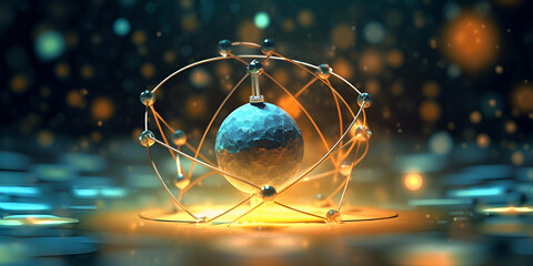 Abstract 3d model of an atom on blur background Atomic structure for chemistry science banner - obrazy, fototapety, plakaty