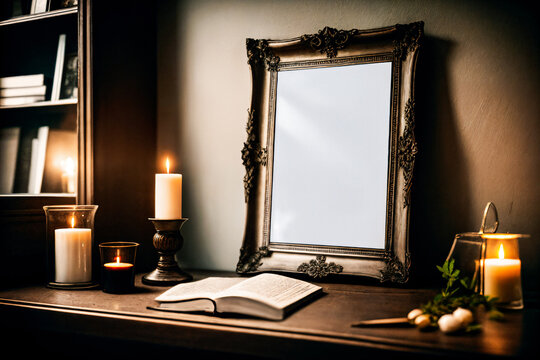 Gothic dark frame mockup with candles and book