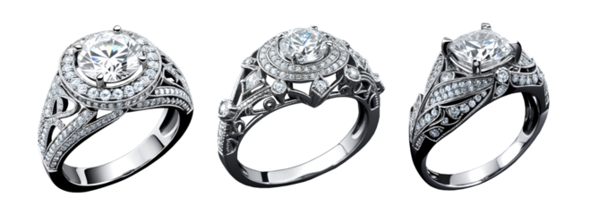 Set of elegant diamond engagement ring isolated on transparent background. Generative AI