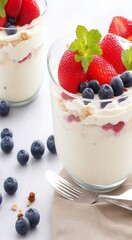 yogurt with berries on the table, muesli with berries on white background