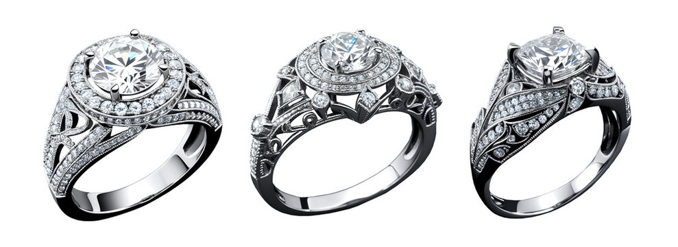 Set of elegant diamond engagement ring isolated on transparent background. Generative AI