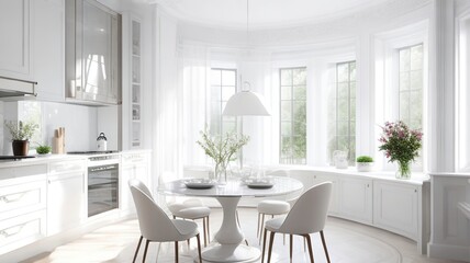 Fototapeta na wymiar Luxurious interior design of white kitchen, dining room with windows and living room in one space