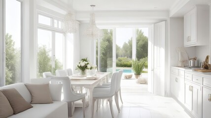 Luxurious interior design of white kitchen, dining room with windows and living room in one space