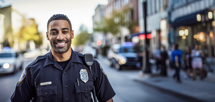 Young mixed ethnicity man working as police officer or cop, closeup portrait, blurred city background. Generative AI