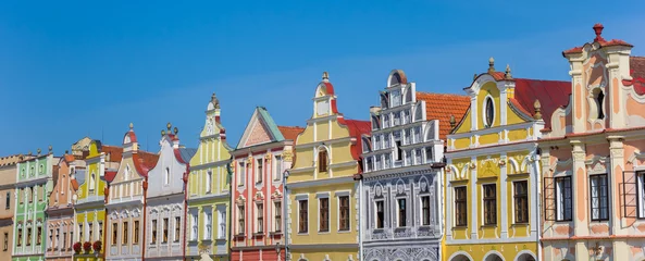 Foto op Plexiglas Panorama of colorful houses on the market square of Telc, Czech Republic © venemama