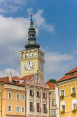 Colorful houses and church tower in Mikulov, Czech Republic