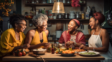 Mature Black women friends cooking together in the kitchen having fun generative Ai