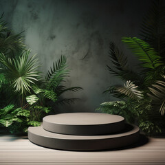 Platform round podium with plant product presentation background generative Ai