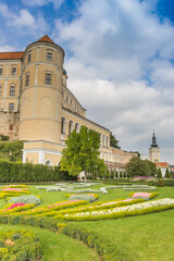 Fototapeta na wymiar Flowers in front of the castle in Mikulov, Czech Republic