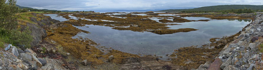 Panoramic view of the landscape at Knaplundsoya in Nordland county, Norway, Europe
