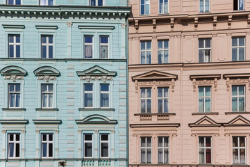 Fototapeta na wymiar Colorful facades of apartment buildings in Karlovy Vary, Czech Republic