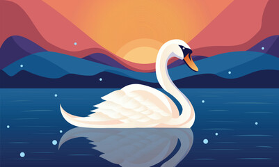 A Beautiful Swan Floating in Water with Mountain at the Sunshine or Sunset View.