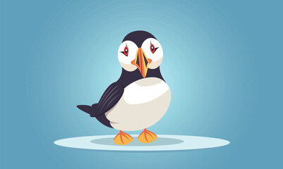 Isolated Little Puffin Character Standing on Light Blue Background.