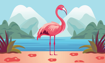 A Cute Flamingo Standing in Water Lake.