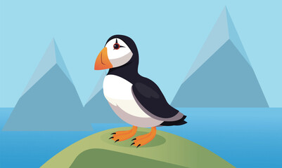 Obraz premium Isolated Little Puffin Sitting on Mountain. Vector Illustration.