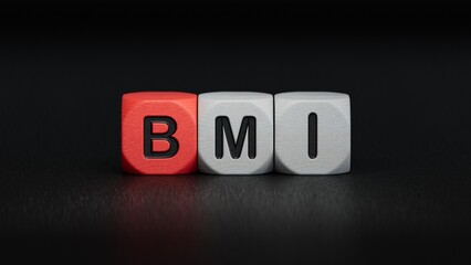 Cubes form the expression "BMI" (Body Mass Index).3D rendering on black background.
