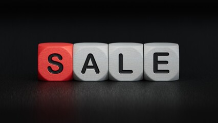 Symbol for a sale. Dice form the expression "Sale".3D rendering on black background.