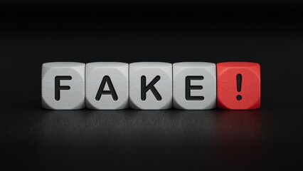 Concept for fake news. Cubes placed on a newspaper form the word "FAKE!".3D rendering on black background.
