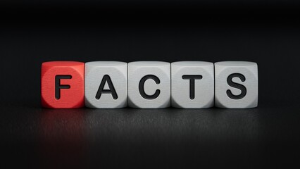 Dice form the word "facts".3D rendering on black background.
