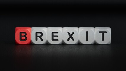 Brexit the word spelled out using toy dice. EU and UK politics. Political Brexit concept.3D rendering on black background.
