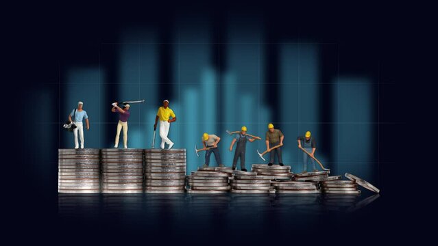 Business concept with piles of coins and miniature people. The concept of social stratification.
