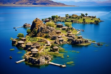 Islands on Lake Titicaca in Puno, Peru. Generative AI - obrazy, fototapety, plakaty