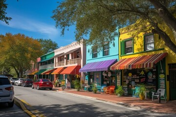 Vibrant downtown in Mount Dora, a quaint artsy town near Orlando, Florida. Generative AI