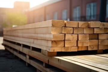 Solid wood deck board stack for construction and finishing works in the construction industry. Building materials sale. Generative AI