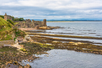 Panoramic view of Saint Andrews Castle located along the sea coast in eastern Scotland, UK.